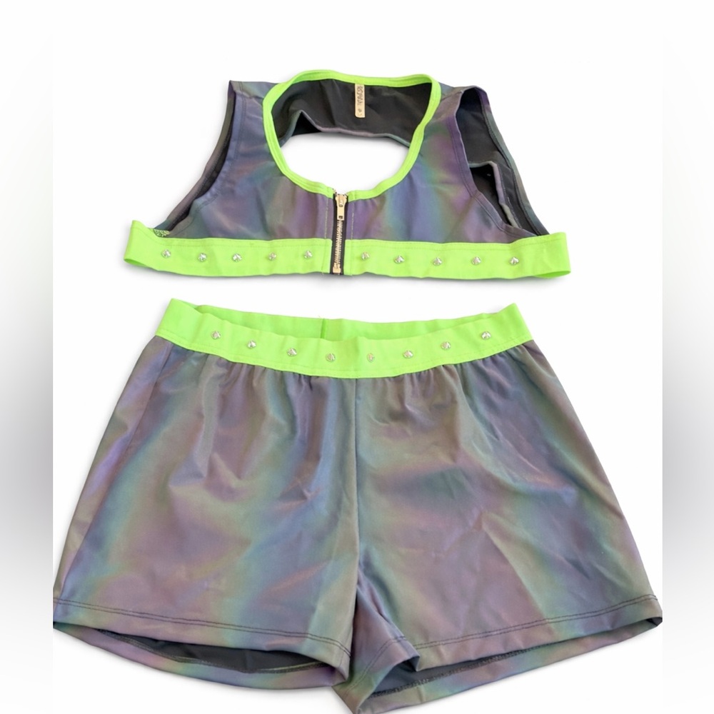 ROMA Iridescent Rave Set Neon Green Holographic Crop Top Shorts Festival M